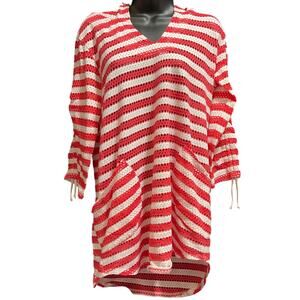 Forcynthia Beachwear Size Small Red & White Striped Open Knit Hooded Sweater